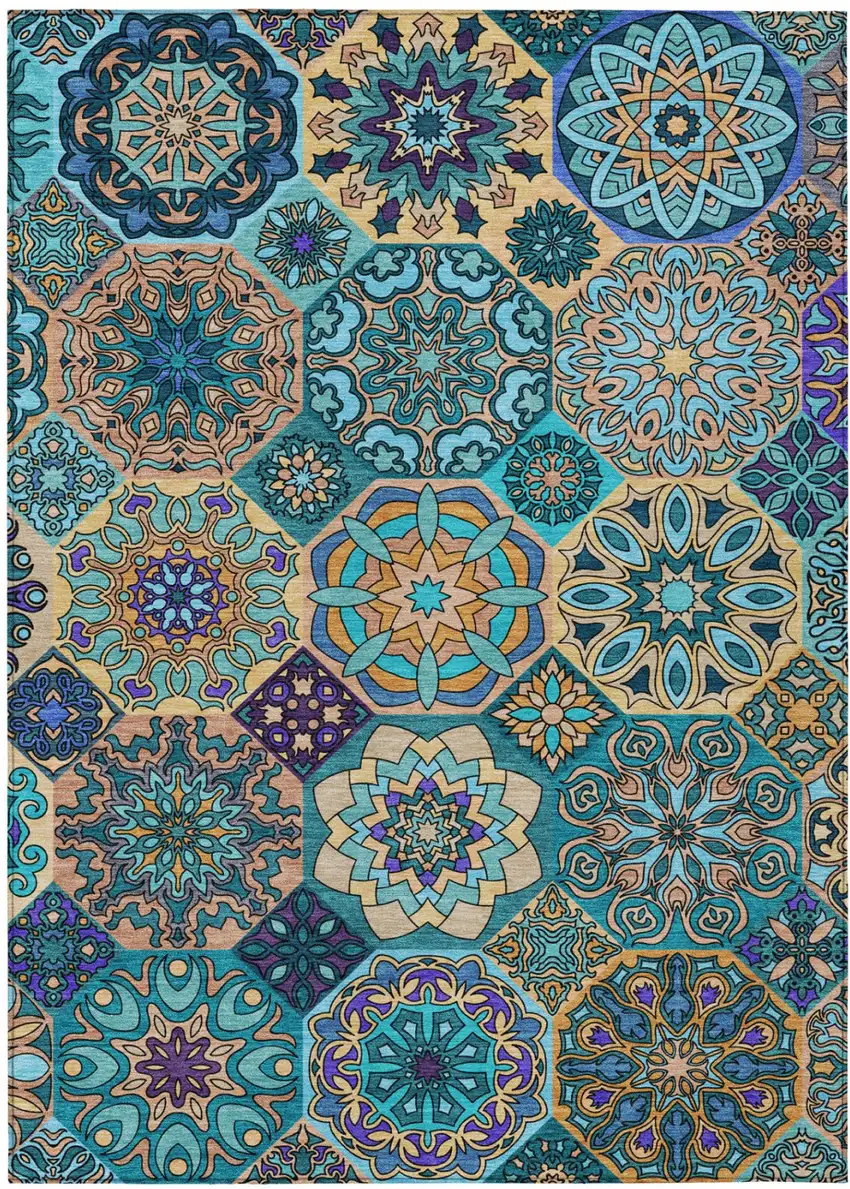 Teal Blue And Turquoise Patchwork Washable Indoor Outdoor Area Rug Photo 2