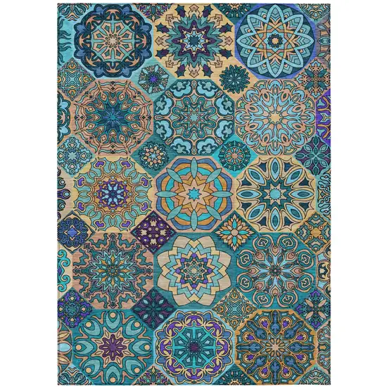 Teal Blue And Turquoise Patchwork Washable Indoor Outdoor Area Rug Photo 2