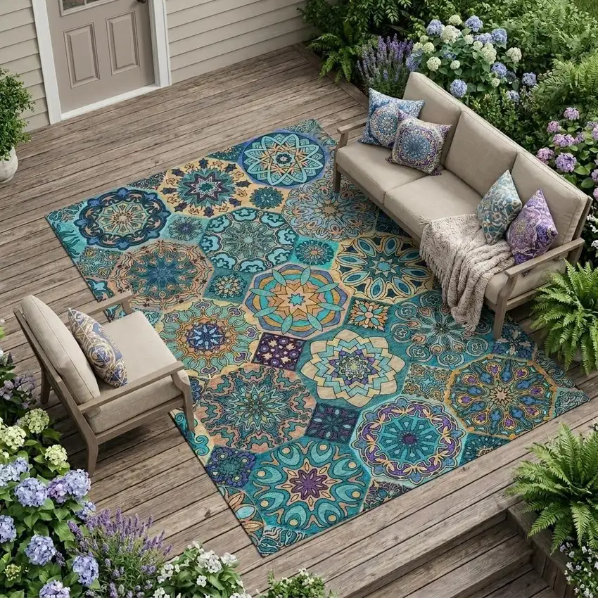 Teal Blue And Turquoise Patchwork Washable Indoor Outdoor Area Rug Photo 1