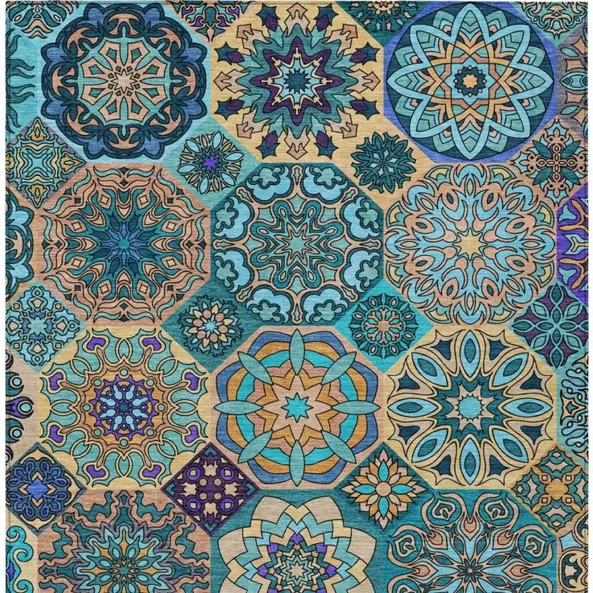 Teal Blue And Turquoise Patchwork Washable Indoor Outdoor Area Rug Photo 4