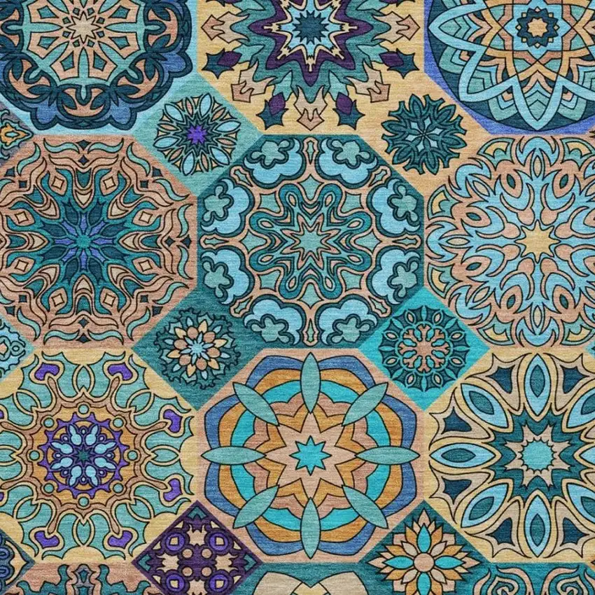 Teal Blue And Turquoise Patchwork Washable Indoor Outdoor Area Rug Photo 3