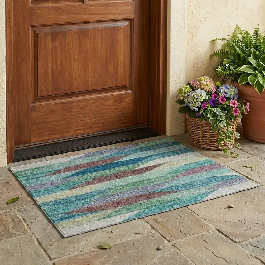 Teal Blue And Turquoise Striped Washable Indoor Outdoor Area Rug Photo 1
