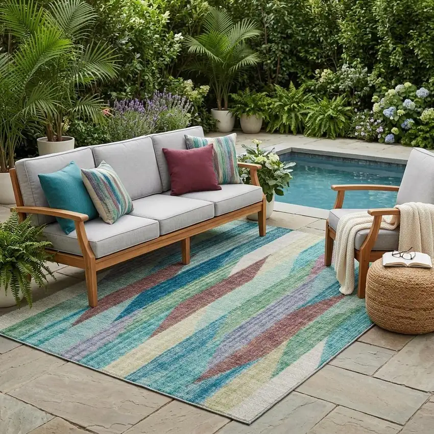 Teal Blue And Turquoise Striped Washable Indoor Outdoor Area Rug Photo 1