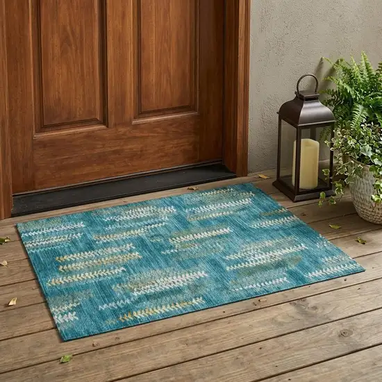 Teal Blue And Turquoise Striped Washable Indoor Outdoor Area Rug Photo 1