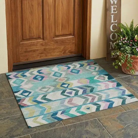 Teal Blue And Turquoise Tribal Washable Indoor Outdoor Area Rug Photo 1