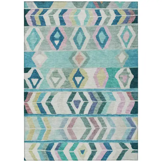 Teal Blue And Turquoise Tribal Washable Indoor Outdoor Area Rug Photo 2