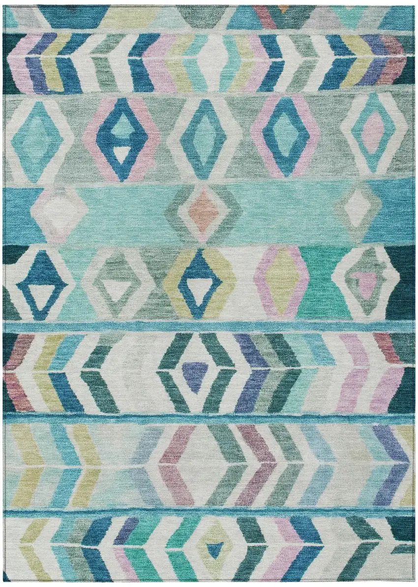 Teal Blue And Turquoise Tribal Washable Indoor Outdoor Area Rug Photo 2