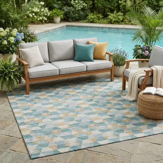 Teal Blue And Walnut Geometric Washable Indoor Outdoor Area Rug Photo 1