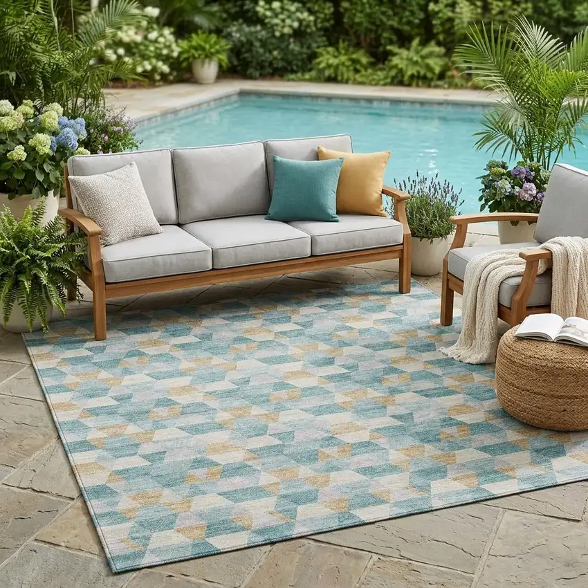 Teal Blue And Walnut Geometric Washable Indoor Outdoor Area Rug Photo 1