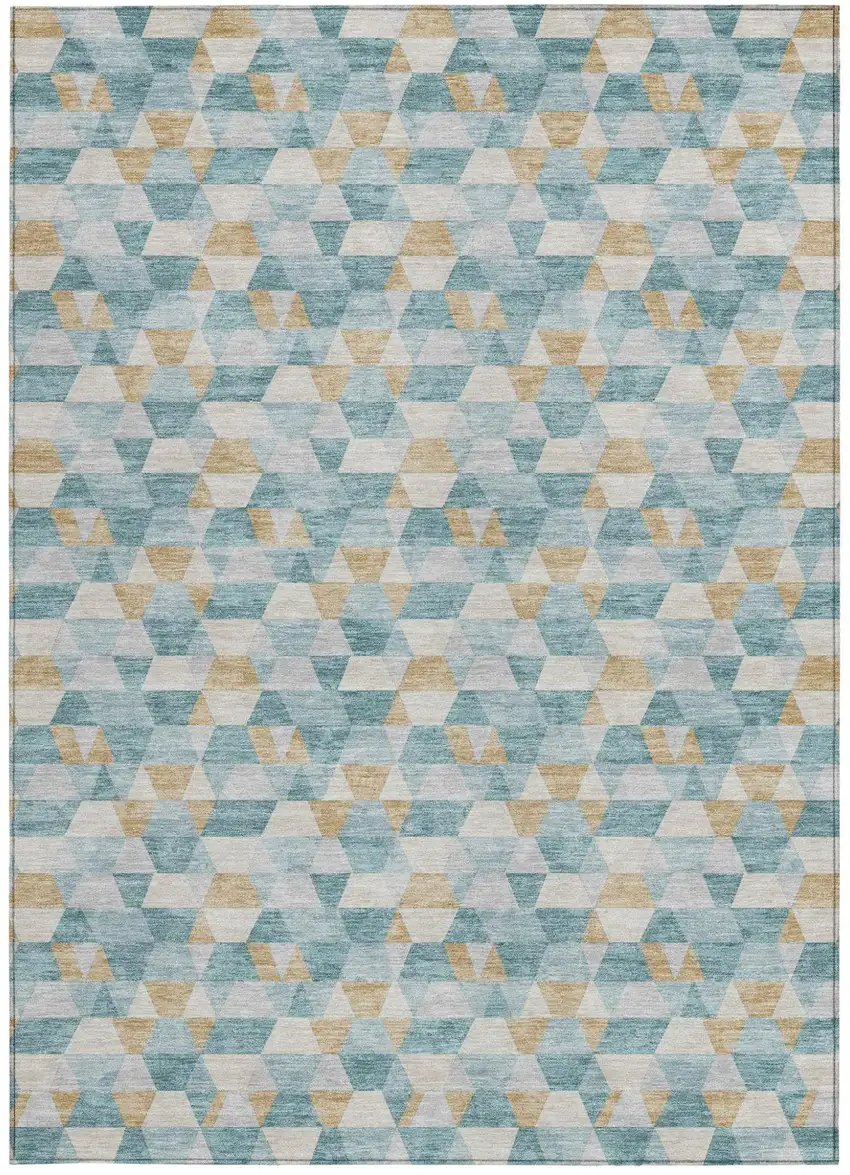 Teal Blue And Walnut Geometric Washable Indoor Outdoor Area Rug Photo 4