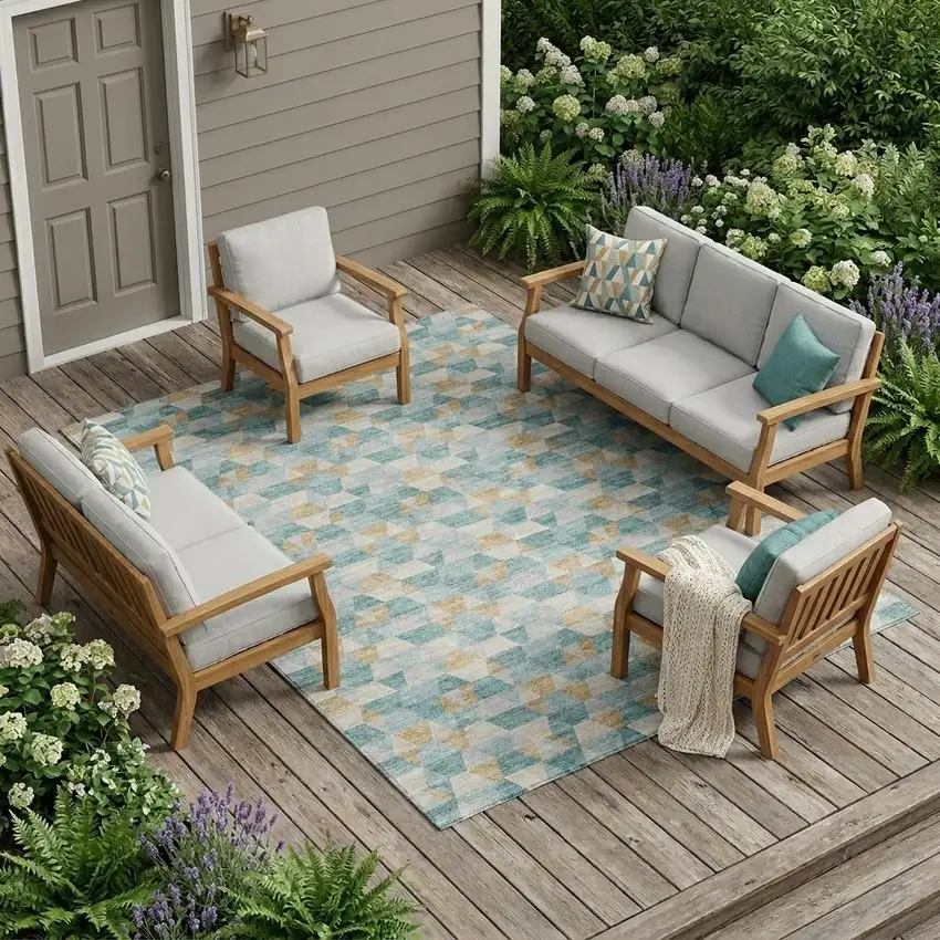 Teal Blue And Walnut Geometric Washable Indoor Outdoor Area Rug Photo 1