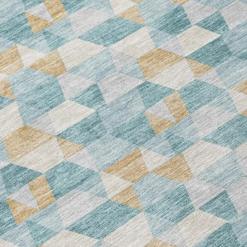 Teal Blue And Walnut Geometric Washable Indoor Outdoor Area Rug Photo 8