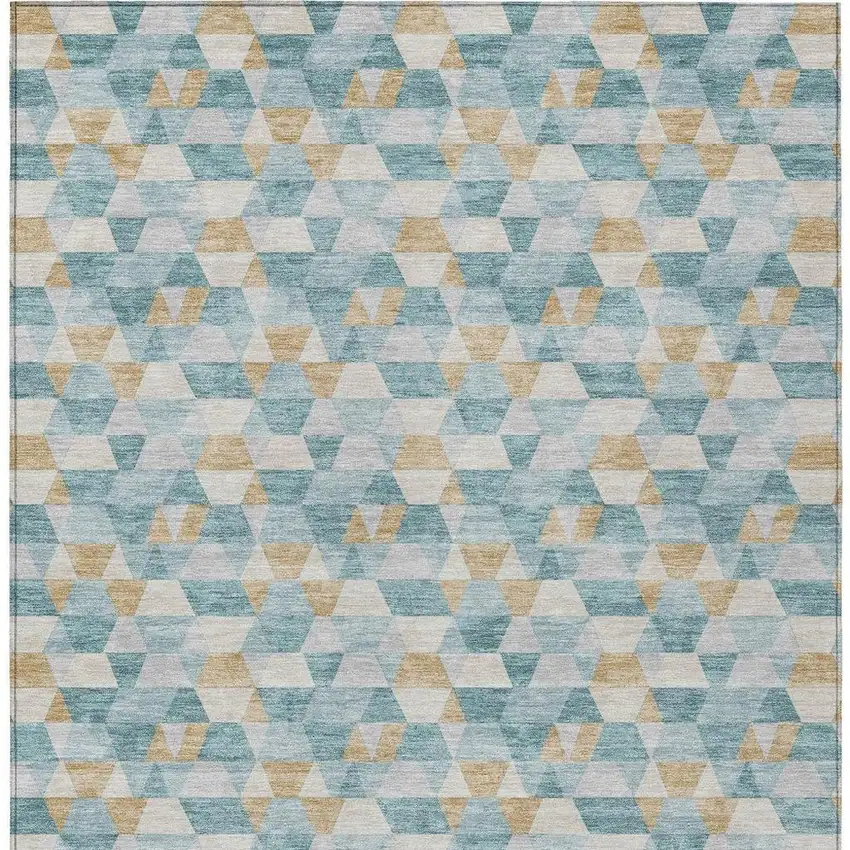 Teal Blue And Walnut Geometric Washable Indoor Outdoor Area Rug Photo 4