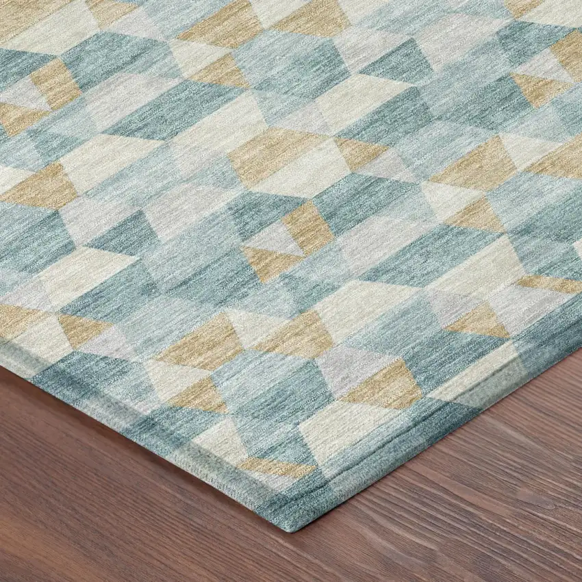 Teal Blue And Walnut Geometric Washable Indoor Outdoor Area Rug Photo 7