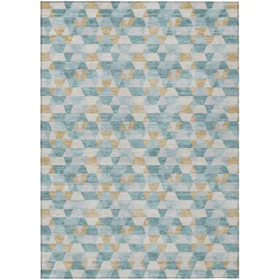 Teal Blue And Walnut Geometric Washable Indoor Outdoor Area Rug Photo 2