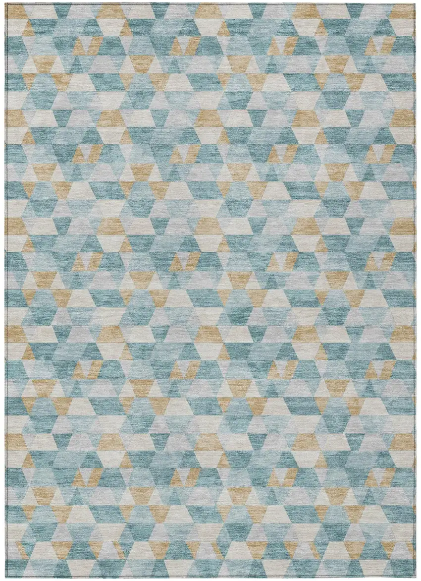 Teal Blue And Walnut Geometric Washable Indoor Outdoor Area Rug Photo 2