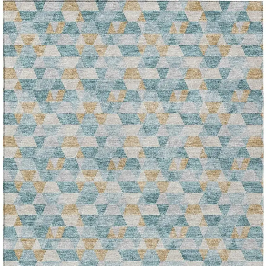 Teal Blue And Walnut Geometric Washable Indoor Outdoor Area Rug Photo 6