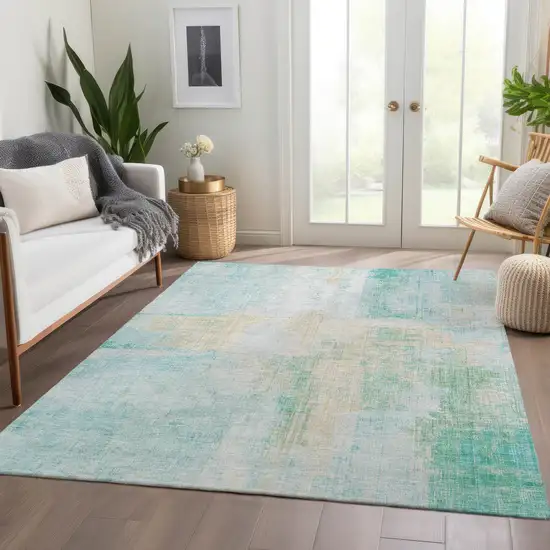 Teal Blue And Wheat Abstract Washable Indoor Outdoor Area Rug Photo 7