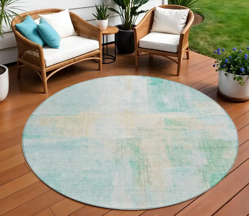 Teal Blue And Wheat Abstract Washable Indoor Outdoor Area Rug Photo 2