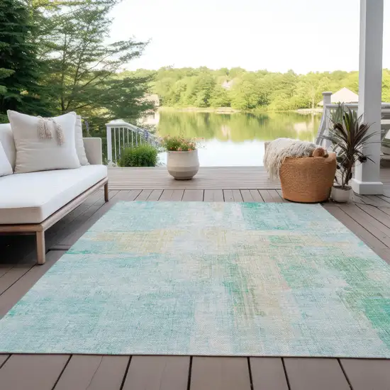 Teal Blue And Wheat Abstract Washable Indoor Outdoor Area Rug Photo 5