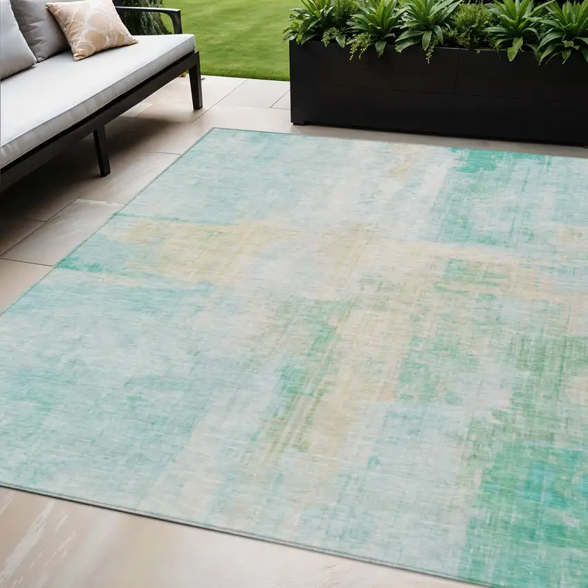 Teal Blue And Wheat Abstract Washable Indoor Outdoor Area Rug Photo 2