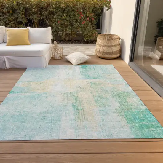 Teal Blue And Wheat Abstract Washable Indoor Outdoor Area Rug Photo 8