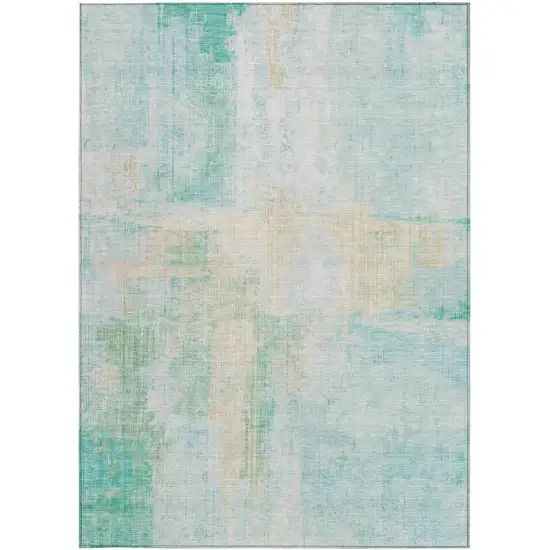 Teal Blue And Wheat Abstract Washable Indoor Outdoor Area Rug Photo 4