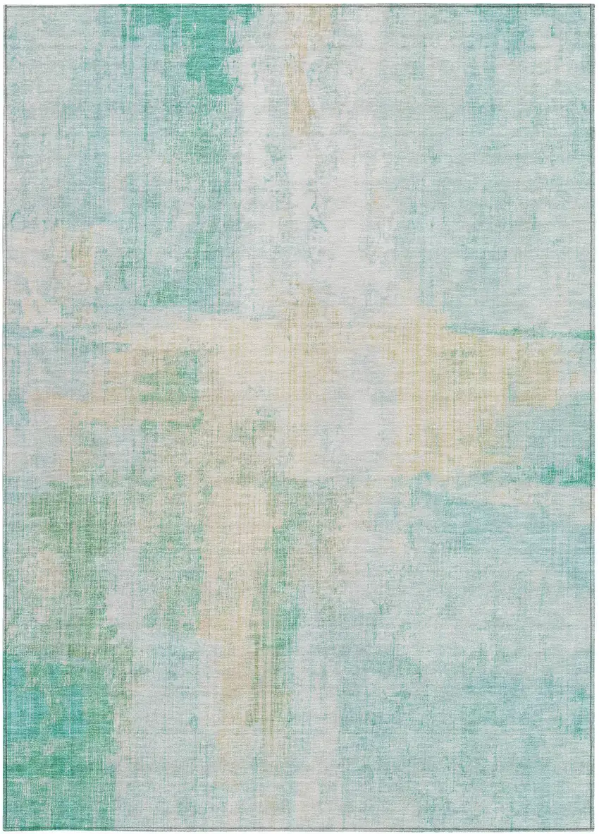 Teal Blue And Wheat Abstract Washable Indoor Outdoor Area Rug Photo 4