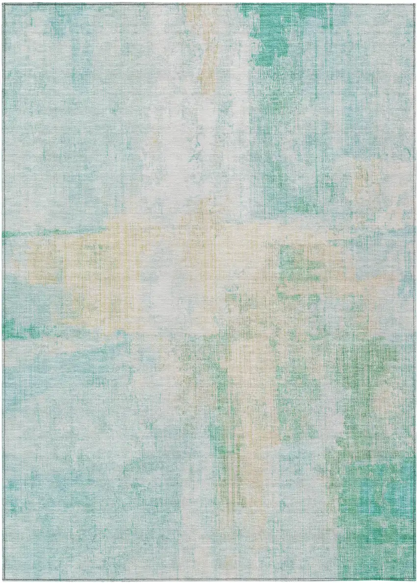 Teal Blue And Wheat Abstract Washable Indoor Outdoor Area Rug Photo 1