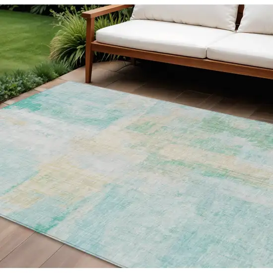 Teal Blue And Wheat Abstract Washable Indoor Outdoor Area Rug Photo 2
