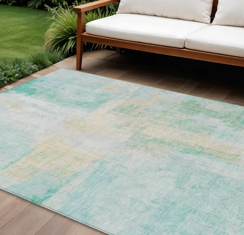 Teal Blue And Wheat Abstract Washable Indoor Outdoor Area Rug Photo 2