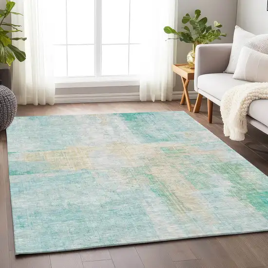Teal Blue And Wheat Abstract Washable Indoor Outdoor Area Rug Photo 6