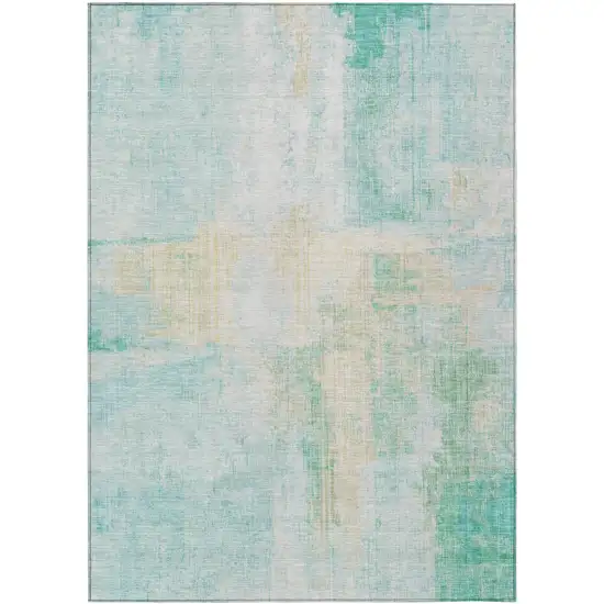 Teal Blue And Wheat Abstract Washable Indoor Outdoor Area Rug Photo 1