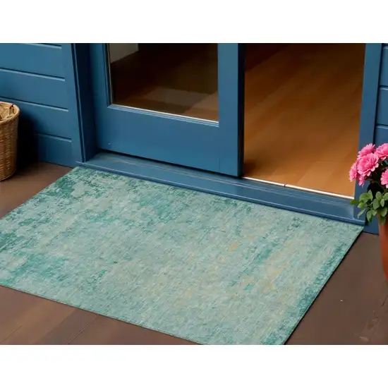 Teal Blue And Wheat Abstract Washable Indoor Outdoor Area Rug Photo 2