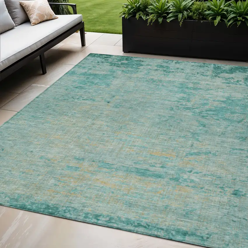 Teal Blue And Wheat Abstract Washable Indoor Outdoor Area Rug Photo 2
