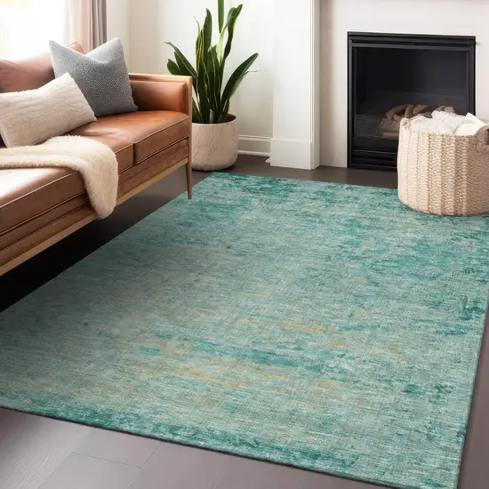 Teal Blue And Wheat Abstract Washable Indoor Outdoor Area Rug Photo 6