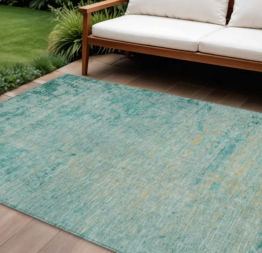 Teal Blue And Wheat Abstract Washable Indoor Outdoor Area Rug Photo 2