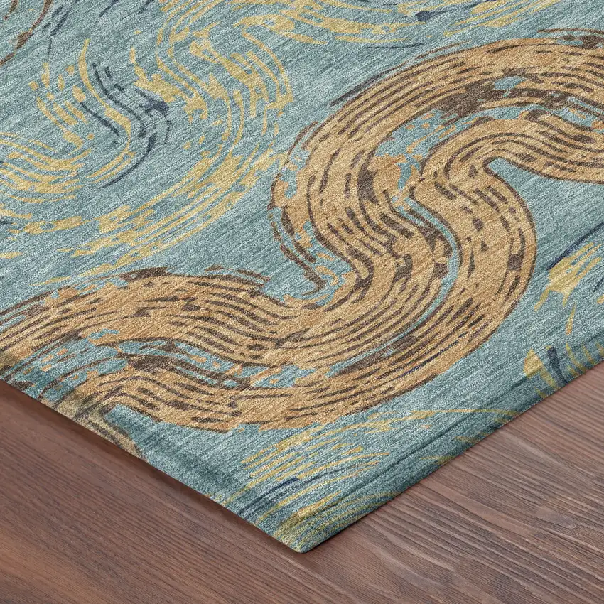 Teal Blue And Wheat Abstract Washable Indoor Outdoor Area Rug Photo 8