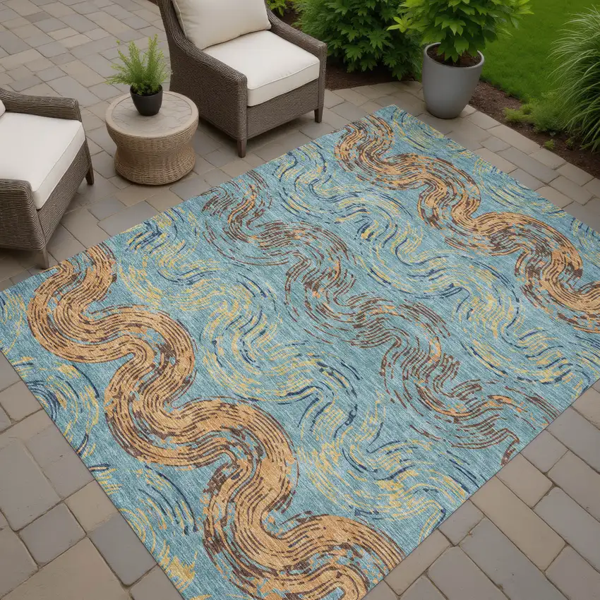 Teal Blue And Wheat Abstract Washable Indoor Outdoor Area Rug Photo 7