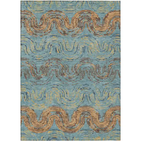 Teal Blue And Wheat Abstract Washable Indoor Outdoor Area Rug Photo 1