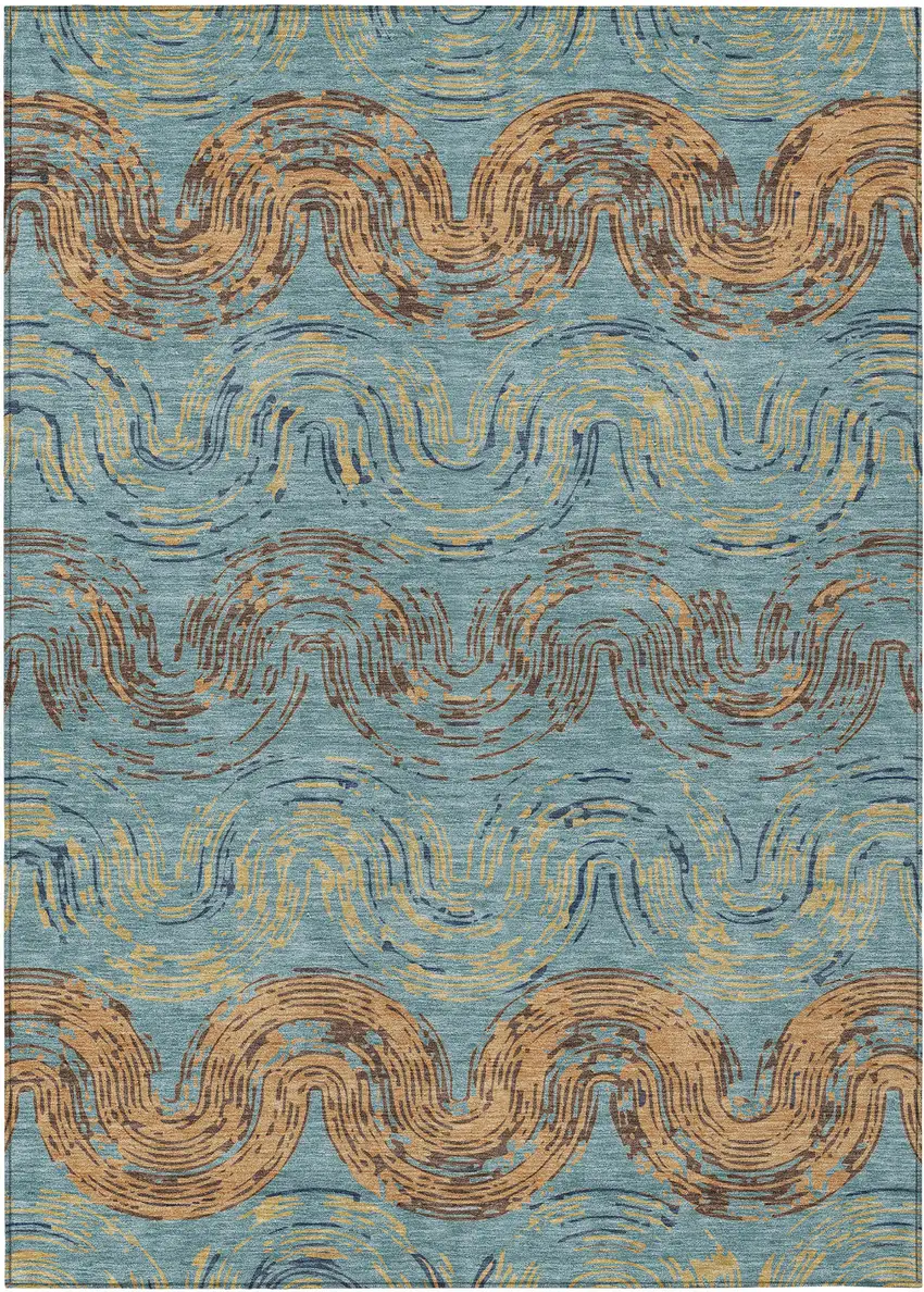 Teal Blue And Wheat Abstract Washable Indoor Outdoor Area Rug Photo 1