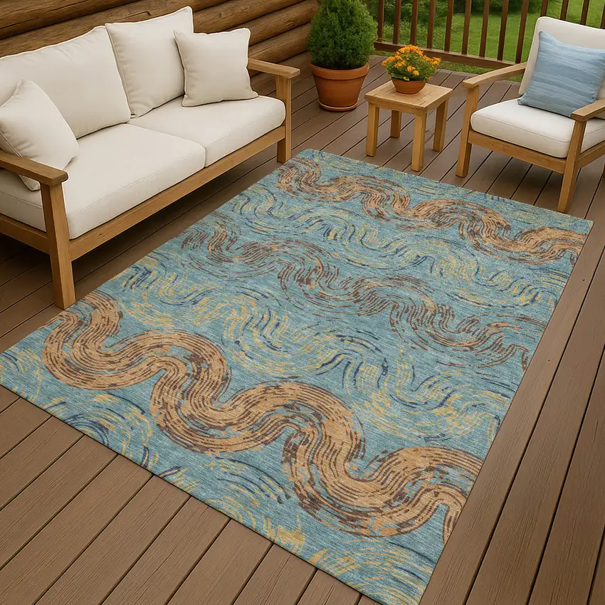 Teal Blue And Wheat Abstract Washable Indoor Outdoor Area Rug Photo 4
