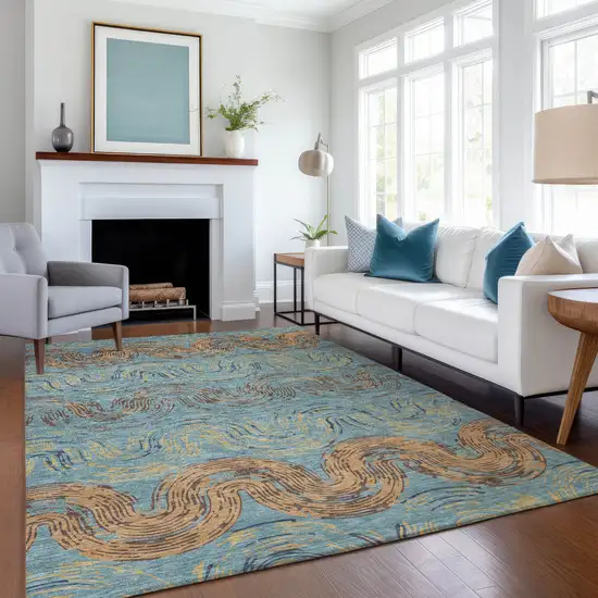 Teal Blue And Wheat Abstract Washable Indoor Outdoor Area Rug Photo 6