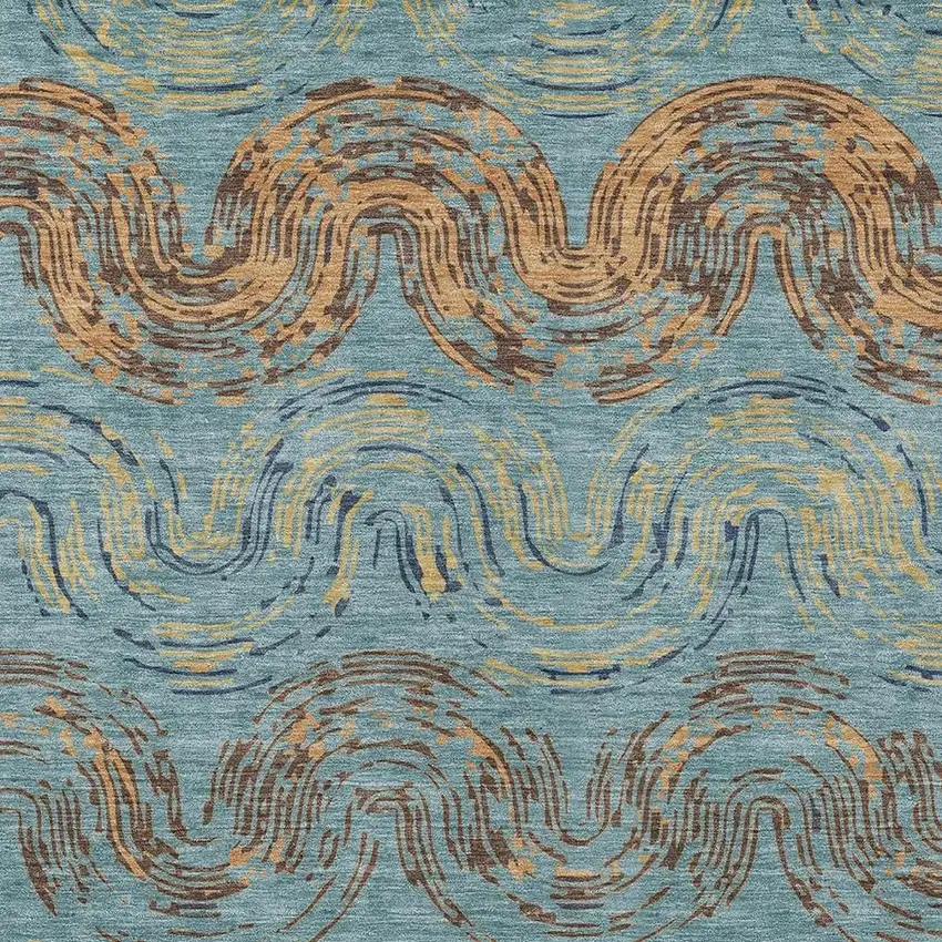 Teal Blue And Wheat Abstract Washable Indoor Outdoor Area Rug Photo 2
