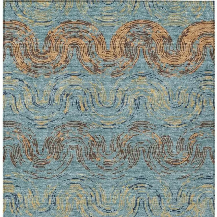 Teal Blue And Wheat Abstract Washable Indoor Outdoor Area Rug Photo 3