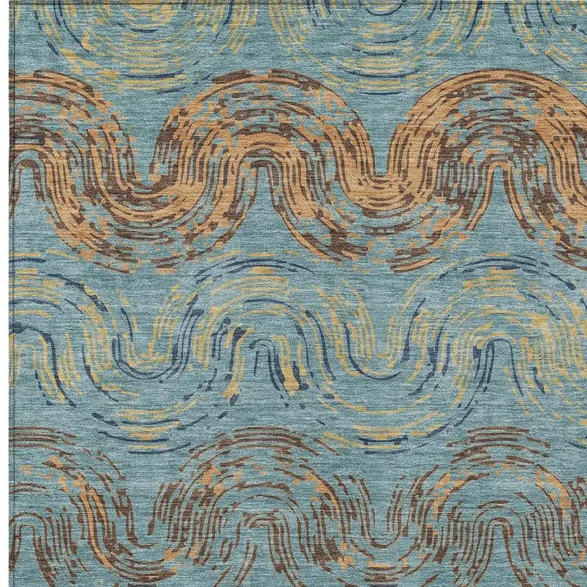 Teal Blue And Wheat Abstract Washable Indoor Outdoor Area Rug Photo 2