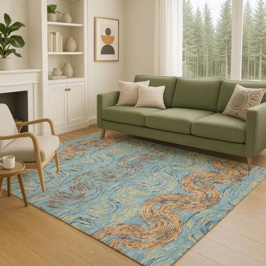 Teal Blue And Wheat Abstract Washable Indoor Outdoor Area Rug Photo 5