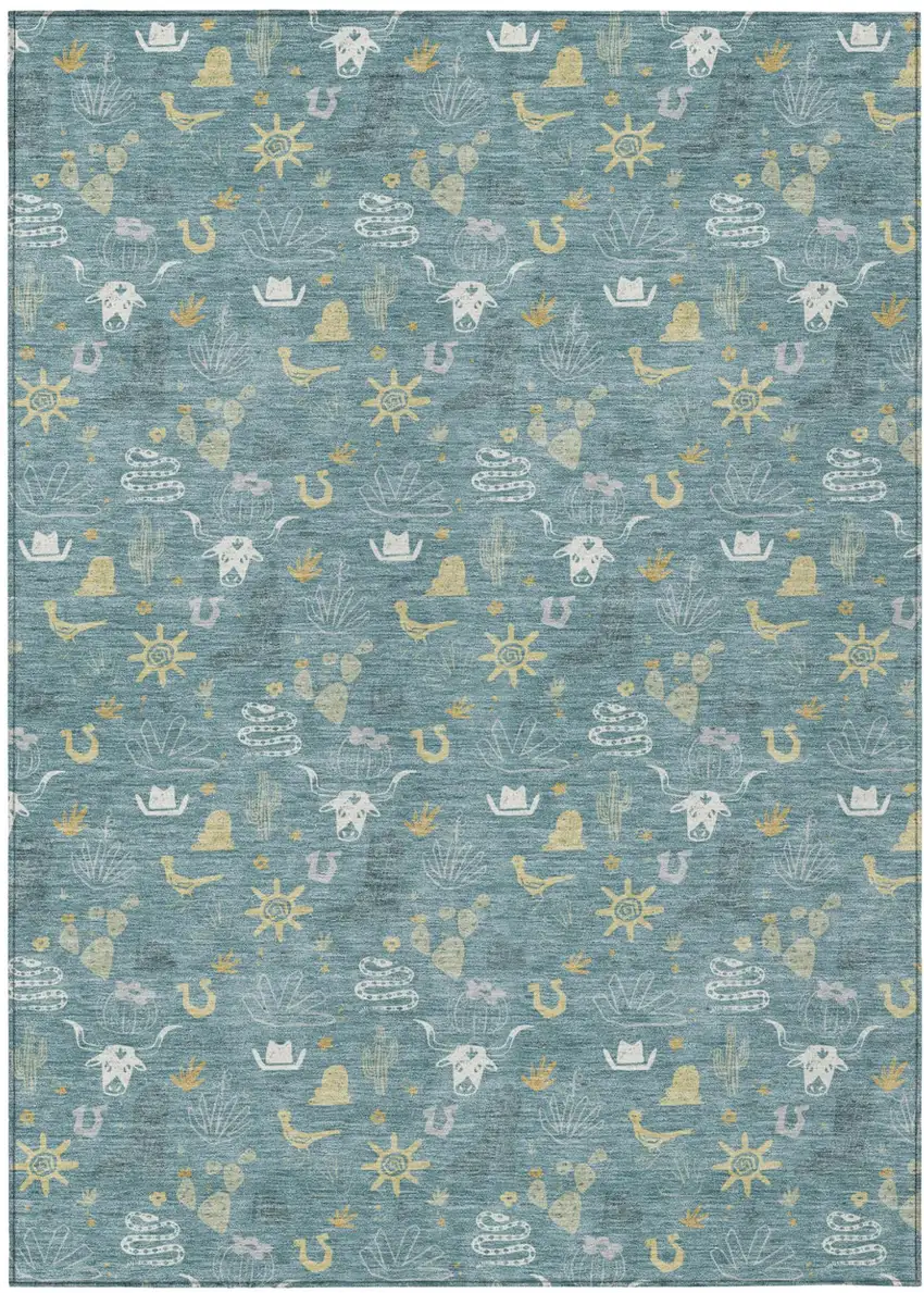 Teal Blue And Wheat Cactus Washable Indoor Outdoor Area Rug Photo 2