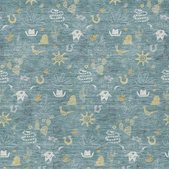Teal Blue And Wheat Cactus Washable Indoor Outdoor Area Rug Photo 3
