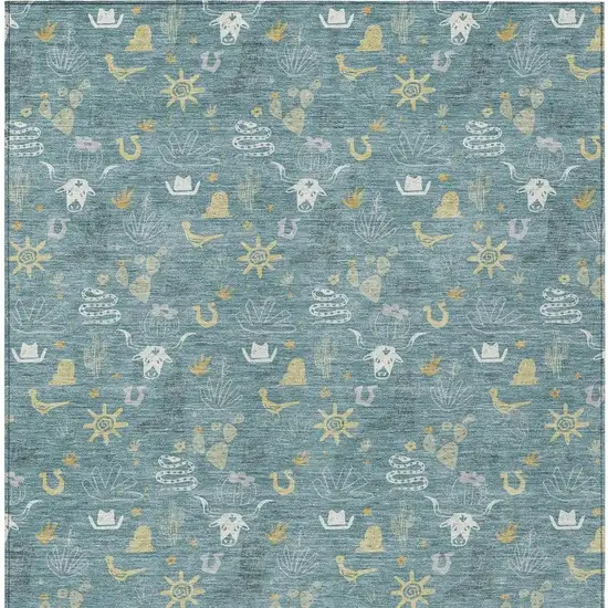 Teal Blue And Wheat Cactus Washable Indoor Outdoor Area Rug Photo 4